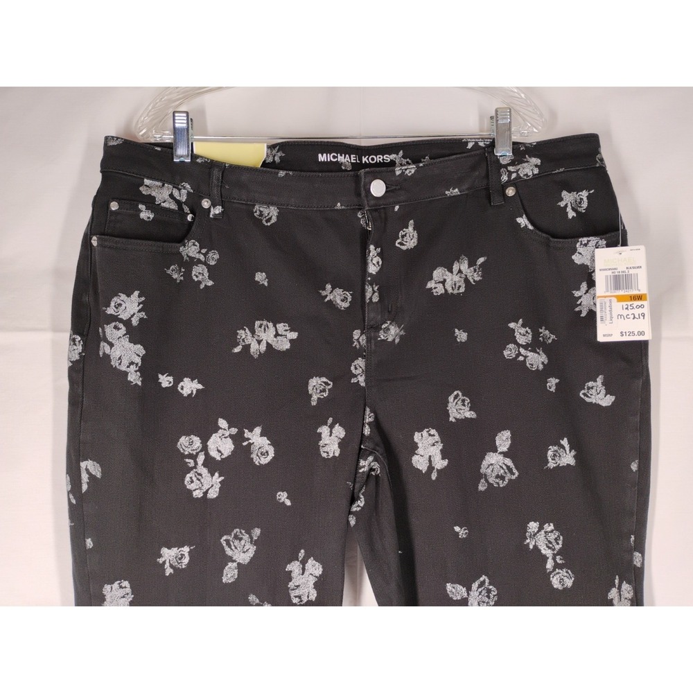 NWT Michael Kors Womens Sz 16 W Black Floral Izzy Cropped Skinny Jeans $125 - Picture 2 of 11